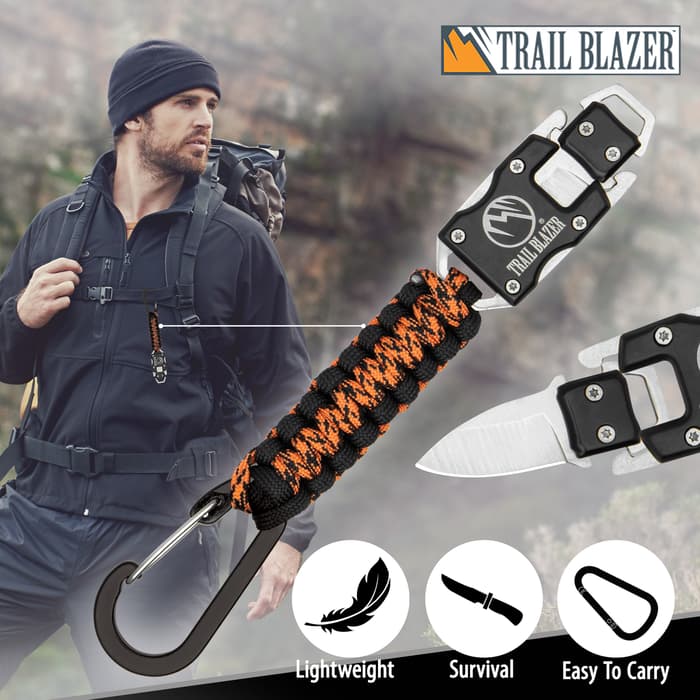 Different views of the Trailblazer Carabiner Lanyard With Knife