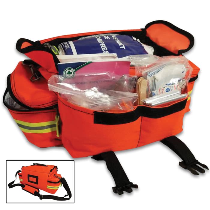 A bright orange, sturdy and spacious bag with an extremely nice and thorough set of professional first aid equipment