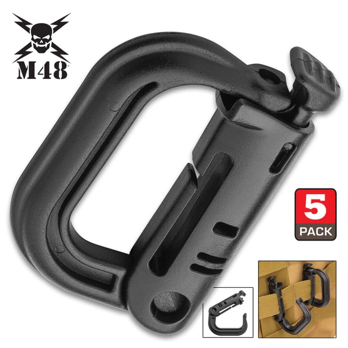 M48 Backpack Webbing D-Ring Carabiner - Five Pieces, ABS Construction, Grimlock Closure - Dimensions 2 1/5”x1 2/5”