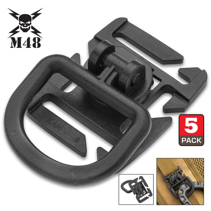 M48 Webbing Connect Buckle Clip - Five Pieces, ABS Construction, Octagon Mount, 360-Degree Rotation - Dimensions 1 3/5”x1 3/10”