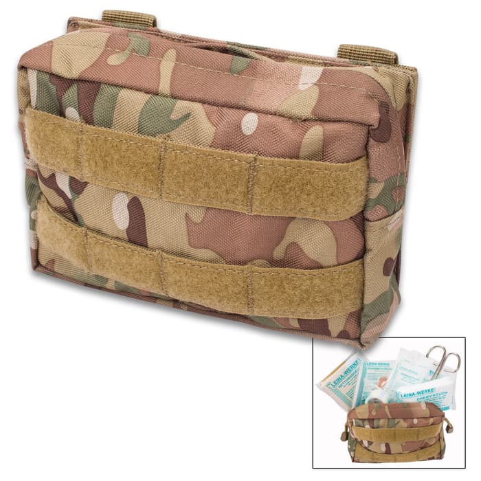 Mil-Tec 25-Piece First Aid Kit in MOLLE Belt Pouch - Camo - Military Grade; Made in Germany; Instructions; New; Sterile; Outdoors, Tactical, Home, Vehicle, Survival, Emergency, Prepper, Bug-Out