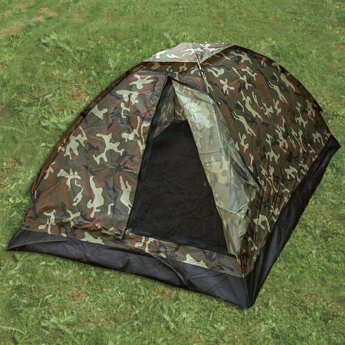 Woodland camo 3 person igloo tent on grass