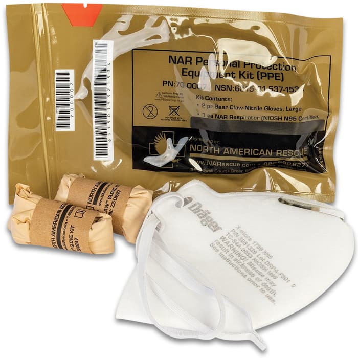 North American Rescue PPE Kit - Includes N95 Disposable Mask, Two Pairs Nitrile Gloves, Vacuum-Sealed Packaging