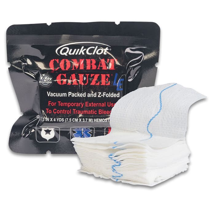 QuikClot Combat Gauze LE is a soft, white, sterile, non-woven 3”X 4 yds of Z-folded gauze, impregnated with kaolin