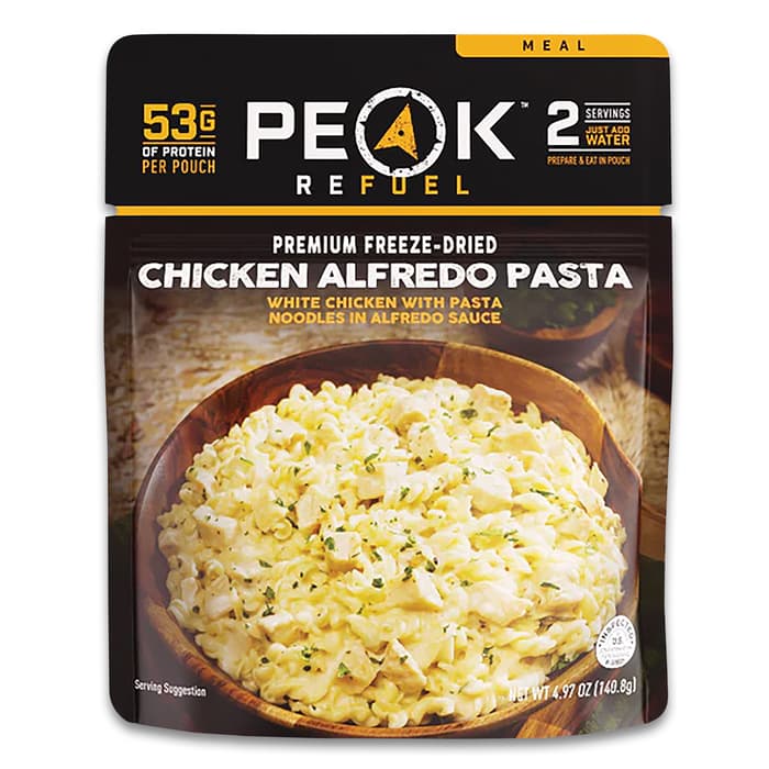 The Peak Refuel Chicken Alfredo Pasta shown in its pack
