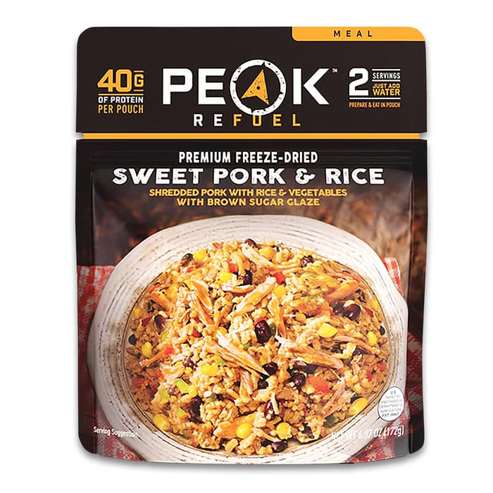 The Peak Refuel Sweet Pork and Rice in its container