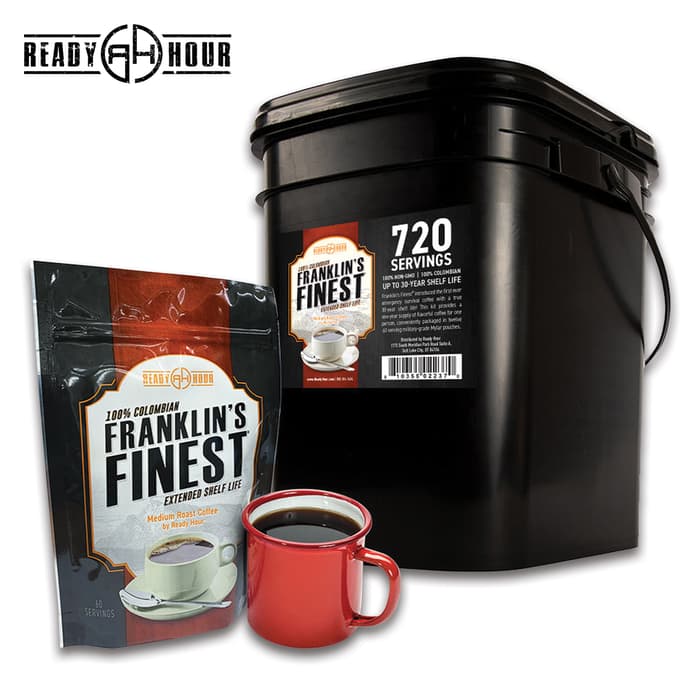 The Ready Hour Franklin’s Finest Coffee comes in a 720-serving bucket.