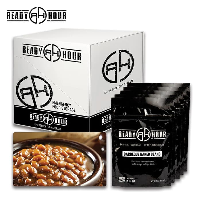 Ready Hour BBQ Baked Beans Case Pack - Just Add Water, 48 Servings, Six Resealable Packs, 25-Year Shelf-Life
