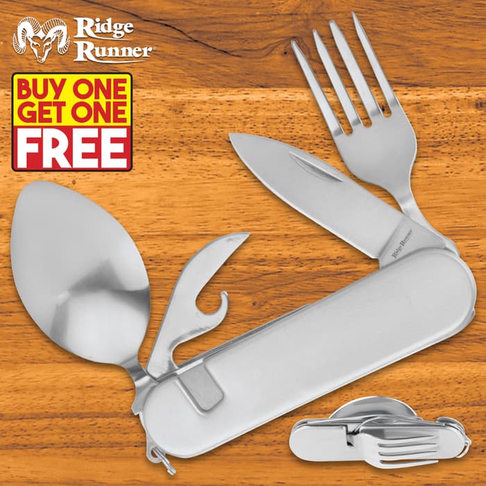 Camp Dining Tool With Knife, Fork, Spoon, Can Opener - BOGO