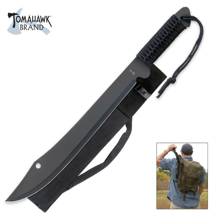 Tomahawk Ninja Machete is made of one piece of black coated stainless steel and has a black cord wrapped handle with black sheath.