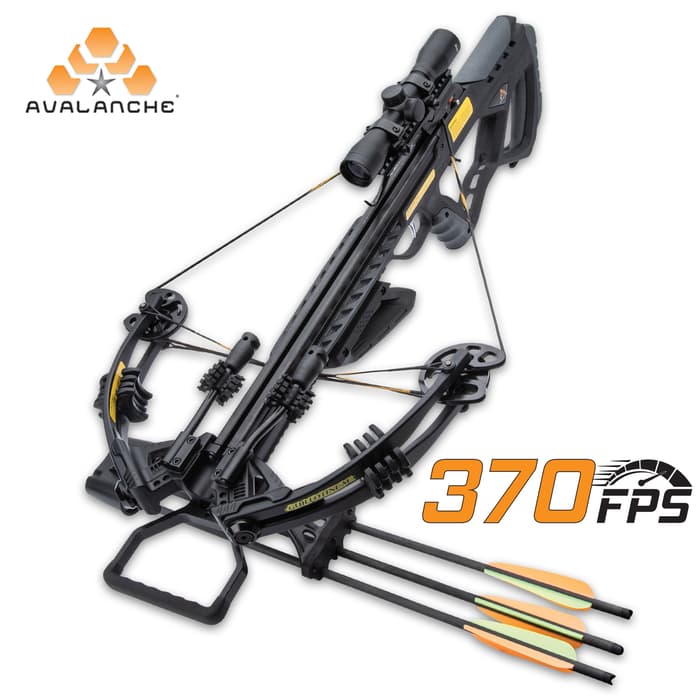 Avalanche Guillotine Crossbow – Composite Stock, Fiberglass Limbs, Aluminum Barrel, 370 FPS, Safety Trigger – Length 35”