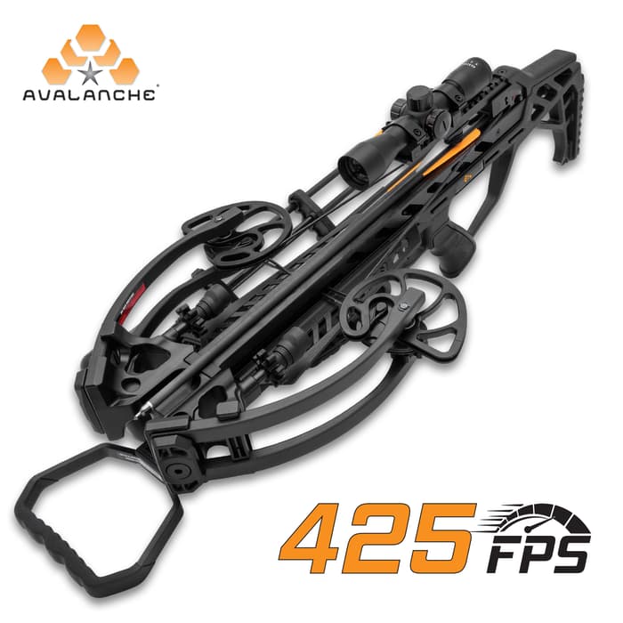 The Avalanche Extinction Compound Crossbow has a velocity of 425 fps and is accurate up to 110 m