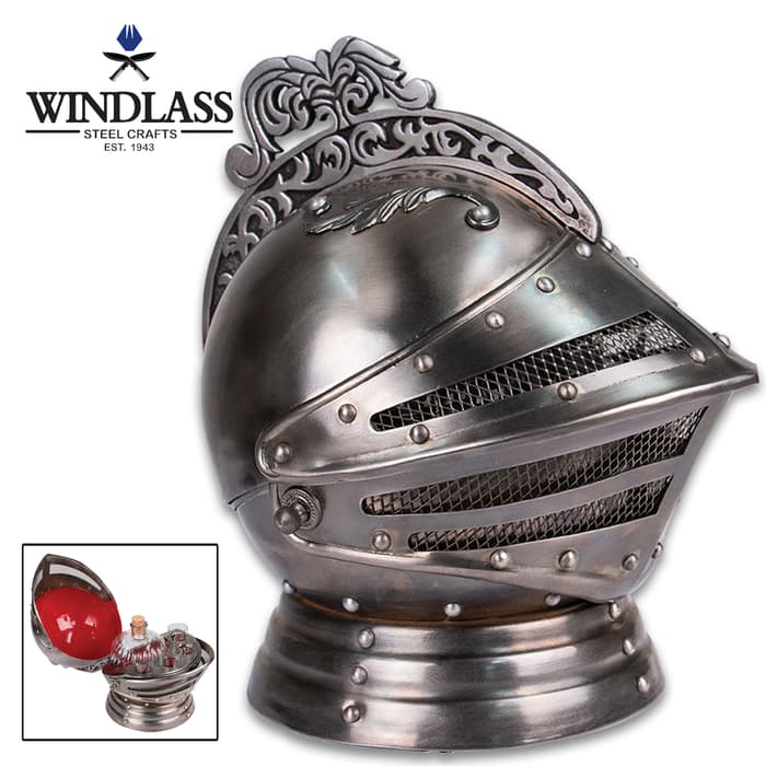 Become the ultimate medieval bartender with this new, all-metal medieval knight's helmet decanter set that can sit atop your bar, desk or bookshelf