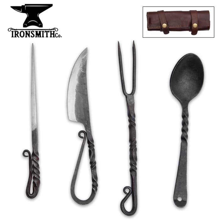 Ironsmith Co. Hand-Forged Medieval Dining Set With Case - Includes High Carbon Steel Knife, Fork, Spoon And Skewer