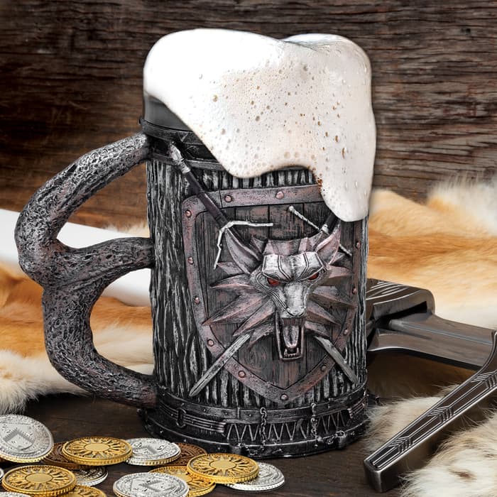 The front view of the Witching Wolf Head And Sword Mug