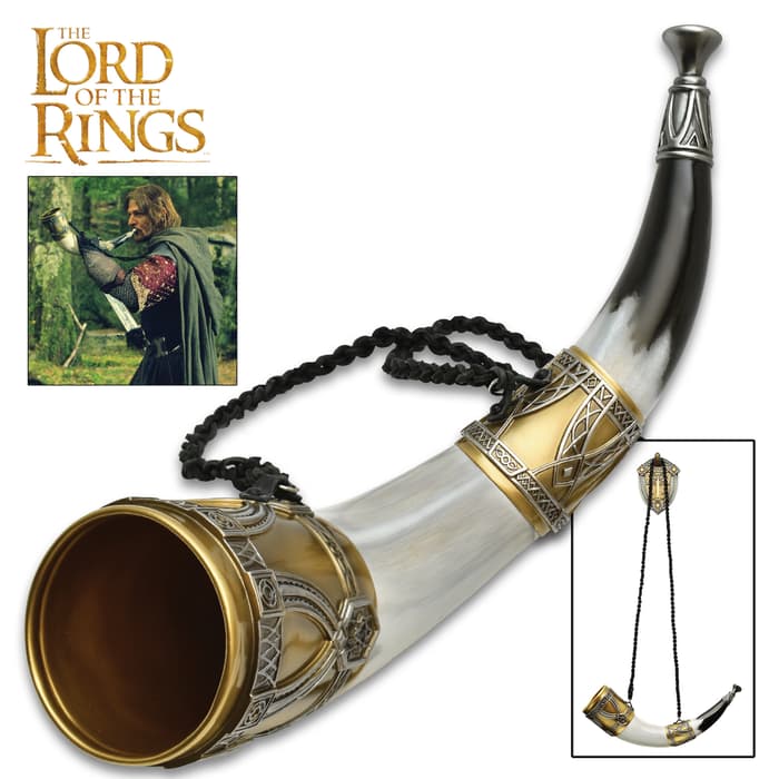 Lord Of The Rings Horn Of Gondor - Accurate Movie Replica, Cast Polyresin, Leather Shoulder Strap, Display Stand - Length 19”