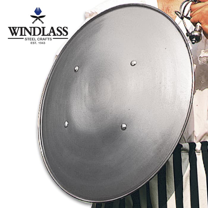Steel Domed Shield - Lightweight, 18-Gauge Steel, Rolled Edges, Genuine Leather Strap Grips - Diameter 23 1/8”