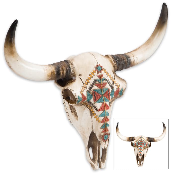Southwest Native American Longhorn Bull Skull Resin Sculpture