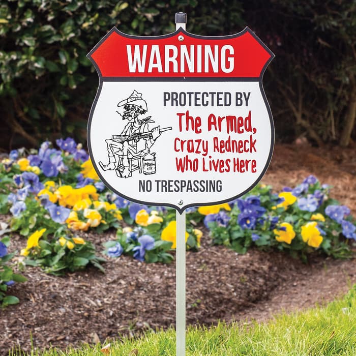 Redneck No Trespassing Warning Sign With Stake - Tough Plastic Construction, Weather-Resistant Artwork - 29” Tall