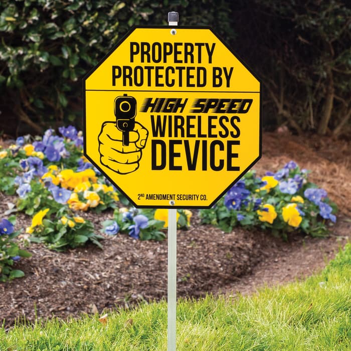 Wireless Device Warning Sign With Stake - Tough Plastic Construction, Weather-Resistant Artwork - 29” Tall