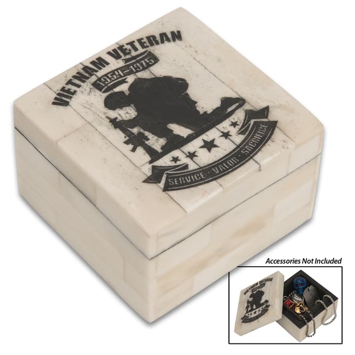 Vietnam Veteran Tribute Bone Keepsake Box - Bone Tiled Wood, Removable Lid, Felt-Lined - Dimensions 3 1/4” X 2”
