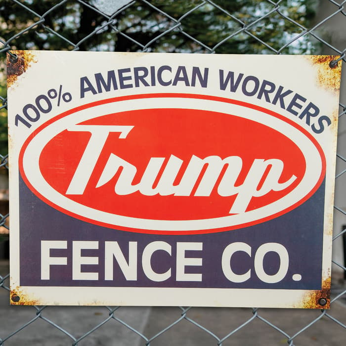 Trump Fence Company Tin Sign - Vibrant Artwork, Corrosion Resistant, Mounting Holes - Dimensions 16”x 12 1/2”