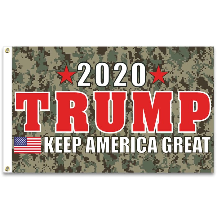 Camouflage Trump 2020 Flag - 210D Nylon Construction, Reinforced Header, Double-Stitched Edges, Metal Grommets