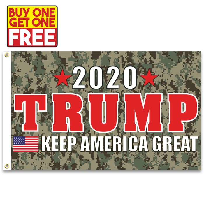 Camouflage Trump 2020 Flag - 210D Nylon Construction, Reinforced Header, Double-Stitched Edges, Metal Grommets - BOGO