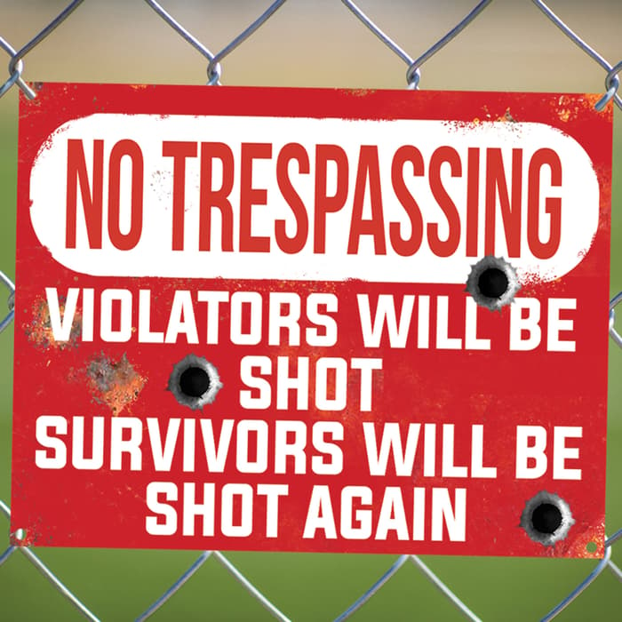 No Trespassing Violators Will Be Shot Tin Sign - Vibrant Artwork, Corrosion Resistant, Mounting Holes - Dimensions 16”x 12 1/2”