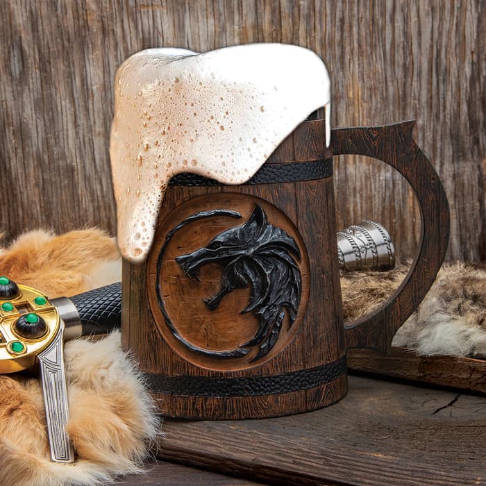 Wolf Medallion Mug - Cold Cast Resin Construction, Stainless Steel Insulating Liner, Intricate Details