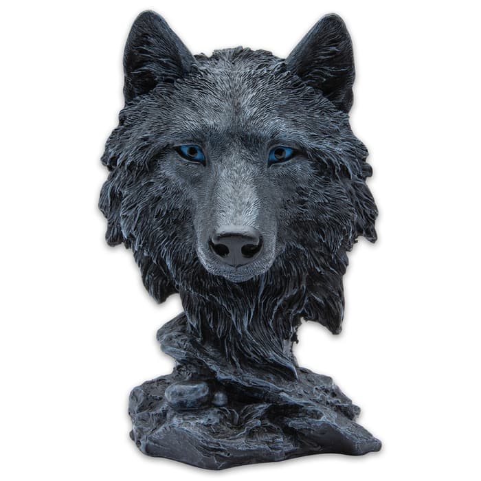 Black Wolf Head Sculpture - Polyresin Construction, Hand-Painted, Intricate Details - Dimensions 6 1/4”X 4 1/4”X 4”