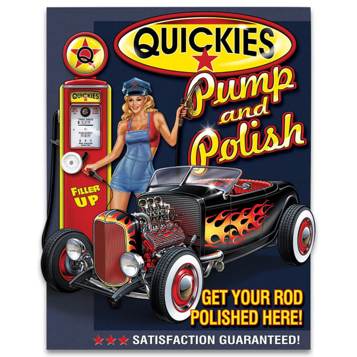 Quickies Pump ‘N Polish Tin Sign - Vibrant Artwork, Corrosion Resistant, Rolled Edges, Mounting Holes