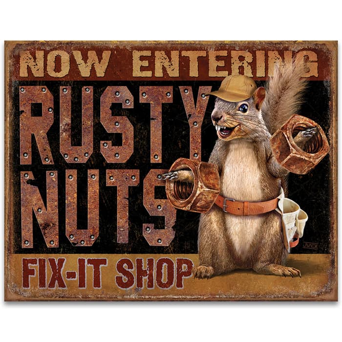 Rusty Nuts Fix It Shop Tin Sign - Vibrant Artwork, Corrosion Resistant, Rolled Edges, Mounting Holes