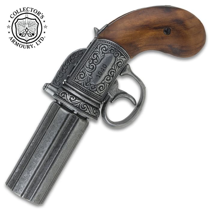 Crafted by dedicated craftsmen at Denix in Spain, this replica British Pepperbox Revolver is the authentic size and weight