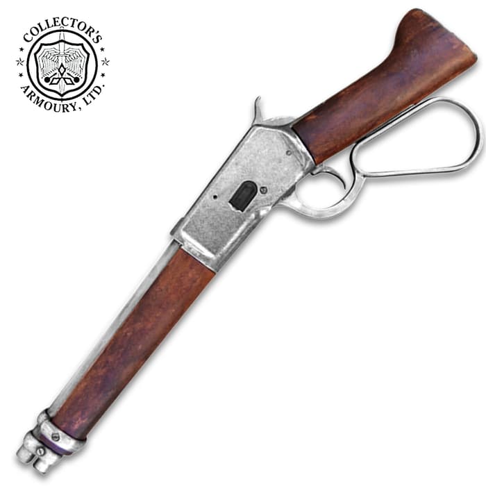 It’s a detailed reproduction of a Cut-Down 1892 Rifle that features a working lever action and is authentic in size