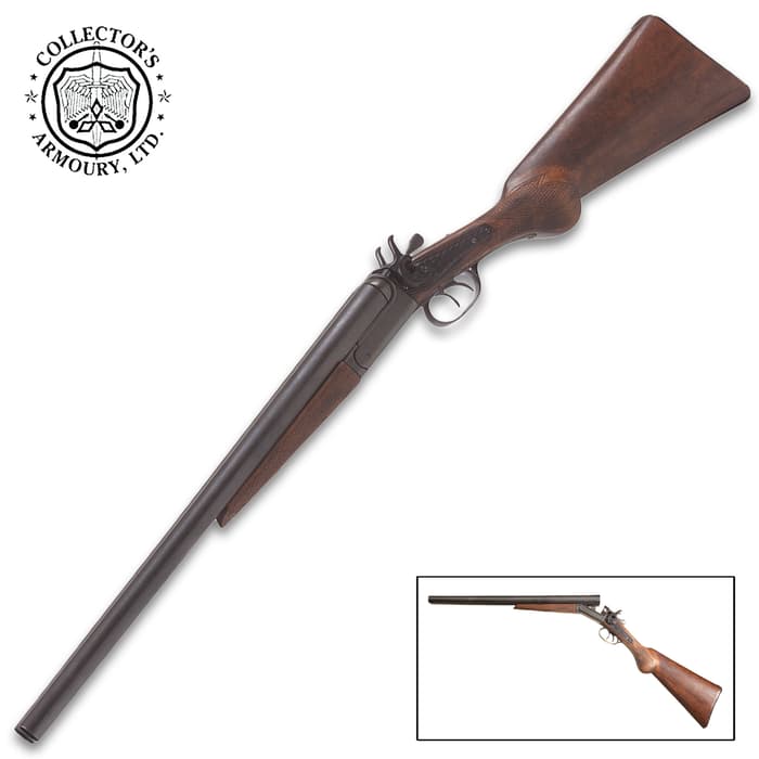 Our non-firing Old West Coach Gun Replica has an authentic time-worn appearance and realistic action that mimics the double barreled, percussion cap action of the original 1881 design