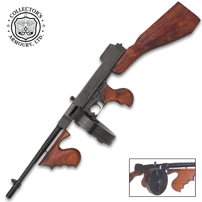Replica Thompson M1928 Submachine Gun - Non-Firing, Metal Barrel, Wooden Stock, 50-Round Removable Drum - 34”