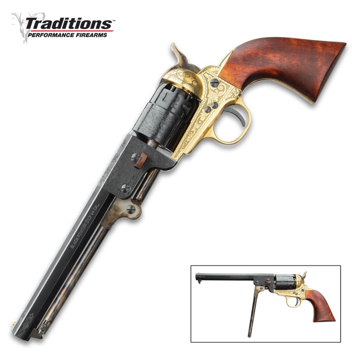 Traditions Colt 1851 Navy .44 Caliber Black Powder Revolver - Fully Functional / Working Historical Reproduction - Octagonal Blued Barrel; Lever Loader; Brass Guard, Frame; Engravings; Walnut Grip