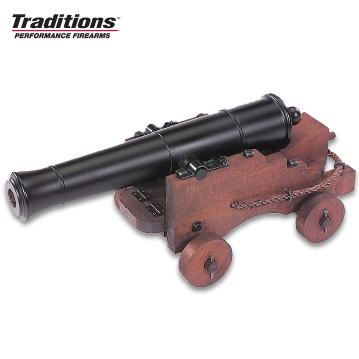 Old Ironsides Mini Cannon - Blued Finish, Hardwood Cart, Fully Functional, 69 Caliber Black Powder - Length 12 1/2”