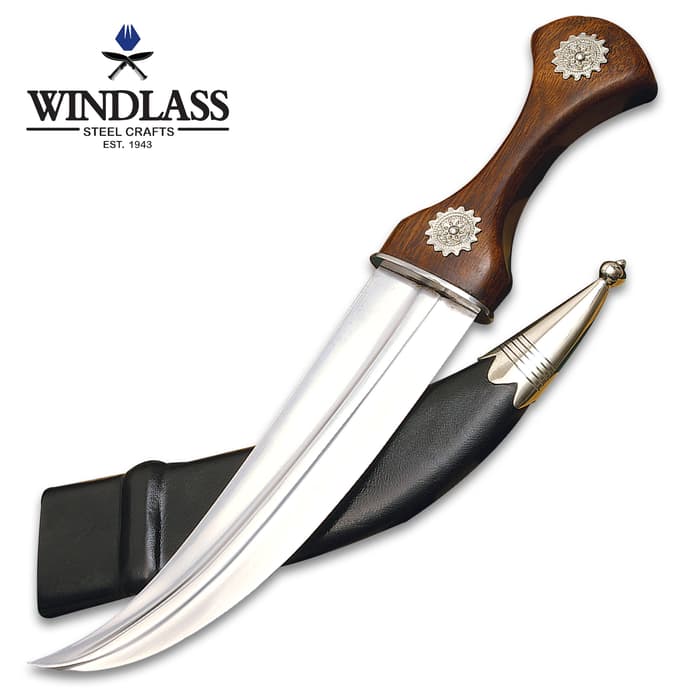 Windlass Steelcrafts Jambiya Exotic Knife - 1055 High Carbon Steel Blade, Hardwood Handle, Decorative Rondels - Length 14 3/8”