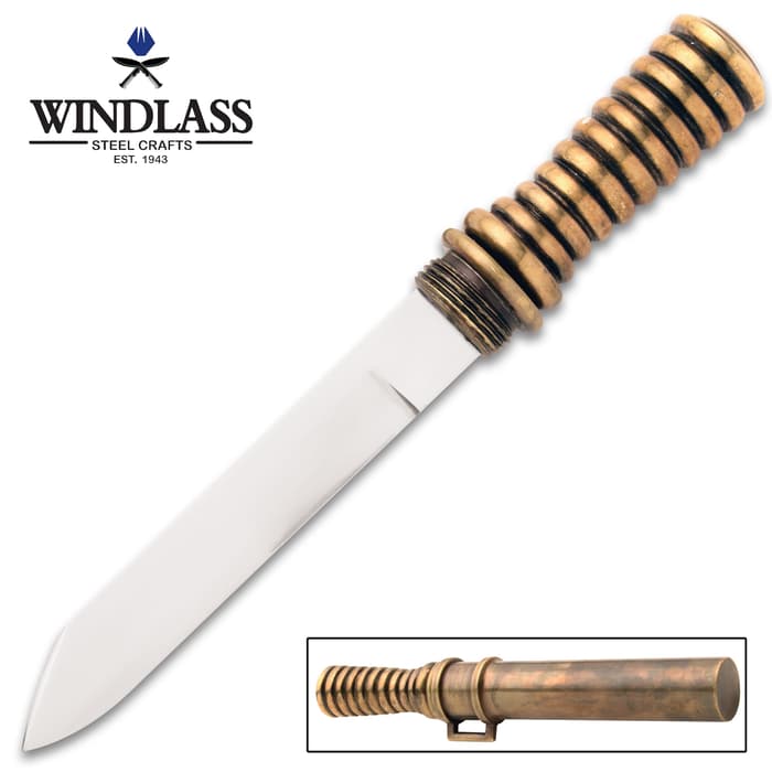 WWII German Navy Diver’s Replica Knife With Sheath - High Carbon Steel Blade, Metal Alloy Hilt With Brass Finish - Length 12 1/2”