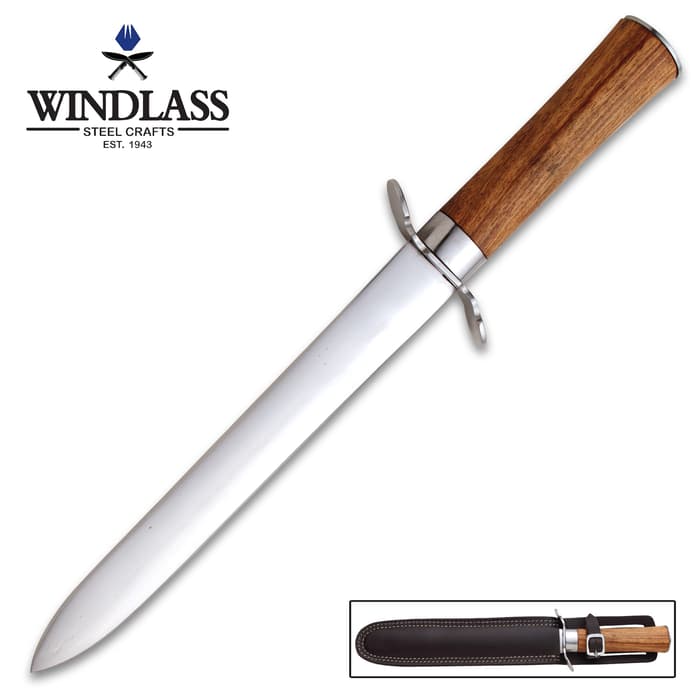 Windlass Steelcrafts WWII Fighting Knife - High Carbon Steel Blade, Double-Edged, Hardwood Handle - Length 15 1/4”