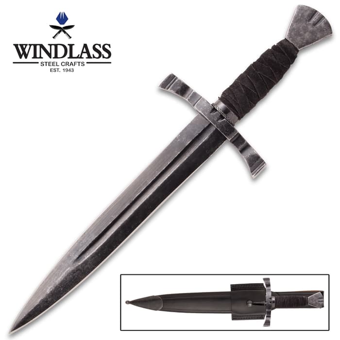 Battlecry Crecy War Dagger And Scabbard - 1065 High Carbon Steel Blade, Blued Patina, Certificate Of Authenticity - Length 15”