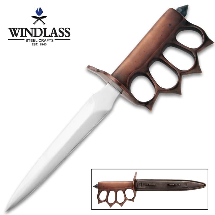 1918 US Trench Knife With Sheath - High Carbon Steel Blade, Blued Finish, Cast Brass Handle, Skull Crusher Pommel