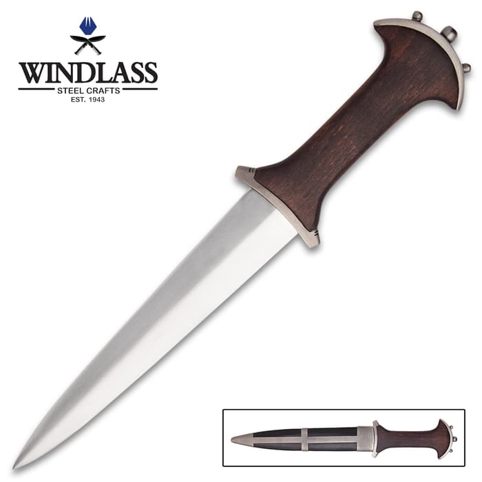 Windlass Steelcrafts Mercenary Holbein Dagger And Sheath - 1065 High Carbon Steel Blade, Hardwood Handle - Length 14 1/2”