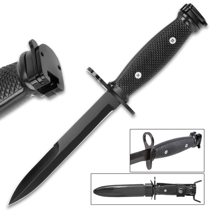 Tactical M7 Bayonet has a black stainless steel blade, ABS textured grip and heavy-duty ABS sheath.