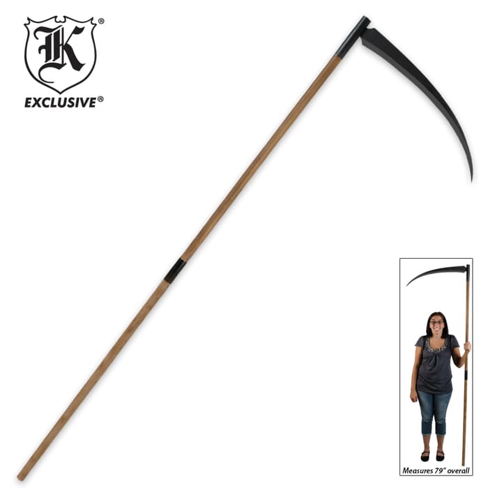 K Exclusive Grim Reaper sickle has black forged blade with carved wood handle and measures 79”. 