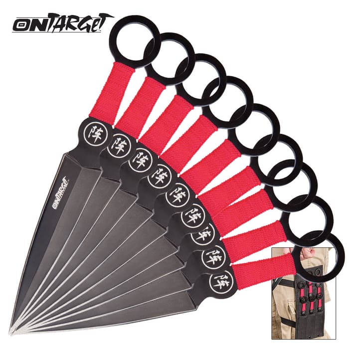 On Target 9-Piece Black and Red Throwing Set has nine throwing knives, all made of black 3Cr13 stainless steel with red nylon rope wrapped handles.