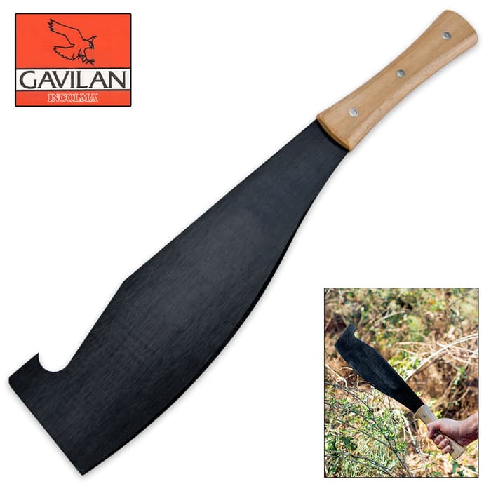 Gavilan Colombian Cane Hook Machete has a SAE 1074 high carbon steel blade with a hook built into the spine and wooden handle.