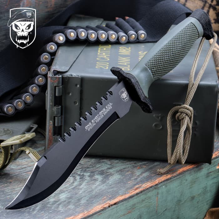 SOA One Shot, One Kill Survival Bowie Knife has a sawback black blade and rubberized handle with lanyard.